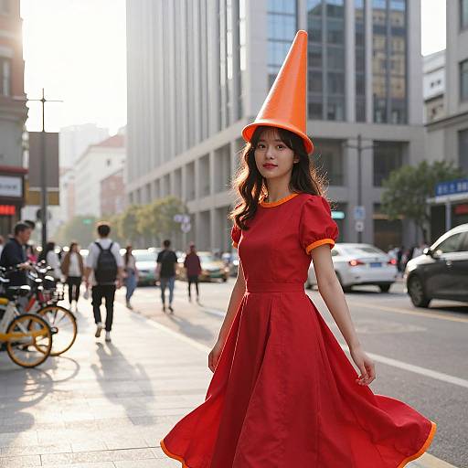 Asian woman in bright red dress and orange traffic cone hat walks confidently on busy urban street, sunlight shining behind her. Photographic image.