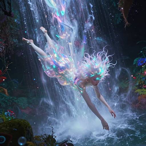 Digital fantasy artwork of a luminous, ethereal fairy with glowing, iridescent wings and hair, diving into a radiant, cascading waterfall in