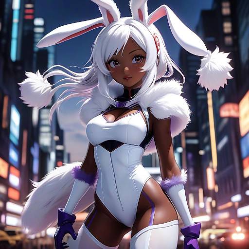 Digital anime-style drawing of a dark-skinned woman with white hair, bunny ears, and a revealing white fur-trimmed bunny suit in a neon