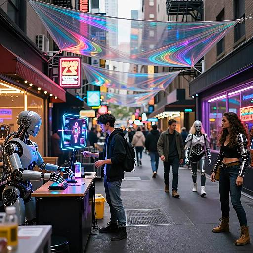 Cyberpunk Street Market with Android Vendor