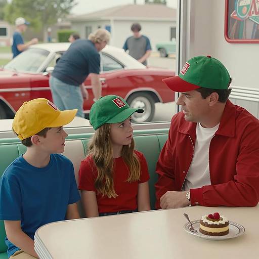 Family in Retro Diner Wearing Colorful Caps