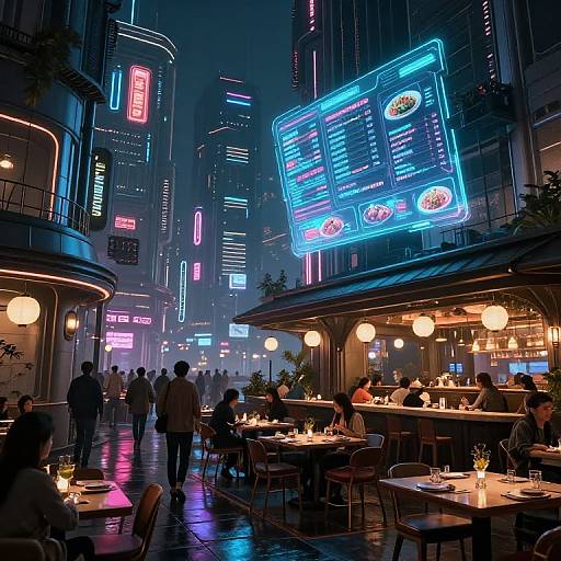 Neon-lit, cyberpunk-style street scene at night with glowing restaurant signs, diners, and pedestrians, surrounded by tall, illuminated skyscrap