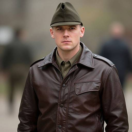 Photograph of a serious young man with fair skin, wearing a dark green military-style cap, black leather jacket, and green shirt, blurred background,