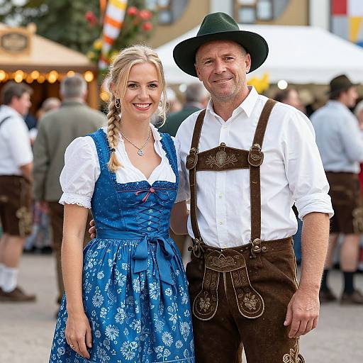 Photograph of a smiling blonde woman in a blue Bavarian dress and a middle-aged man in brown Lederhosen and green hat, standing outdoors