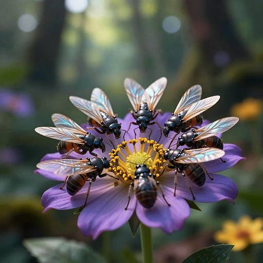Photograph of a vivid purple flower with a yellow center, surrounded by seven black bees and transparent wings, set against a blurred, sunlit forest background