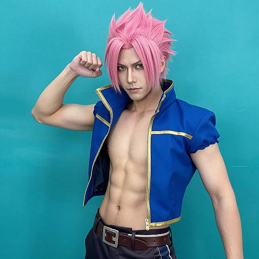 Digital artwork of a muscular, pink-haired anime character with spiky hair, wearing an open blue shirt, flexing his right arm against a blue background