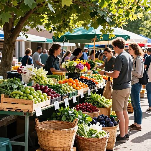 Photograph of a bustling outdoor farmers' market with vibrant vegetables, baskets of produce, shoppers in casual clothes, and leafy trees providing shade.