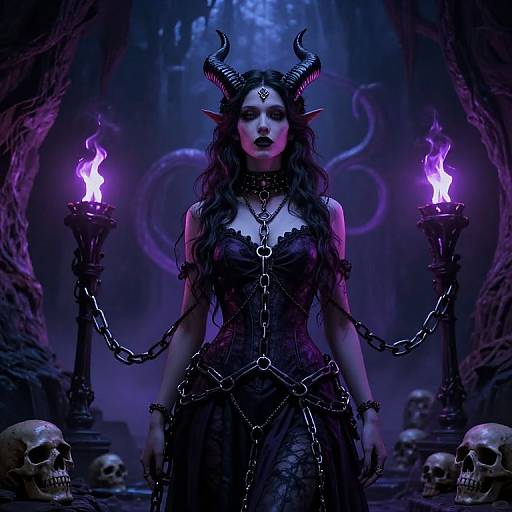 Gothic Demon Goddess in Chains with Purple Torchlight