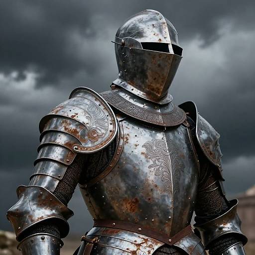 Photograph of a weathered, ornate medieval knight in shiny, rust-streaked armor, with a featureless helmet, standing against a dark