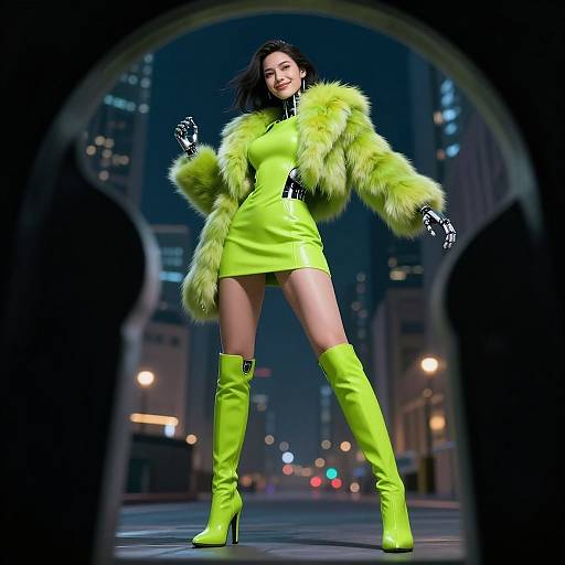 Photorealistic CGI of a confident woman in a neon green mini dress, fur jacket, and matching thigh-high boots, standing in a city street at