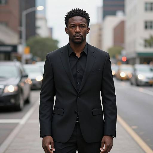 Photograph of a serious Black man in a black suit standing on an urban street, with blurred cars and buildings in the background.