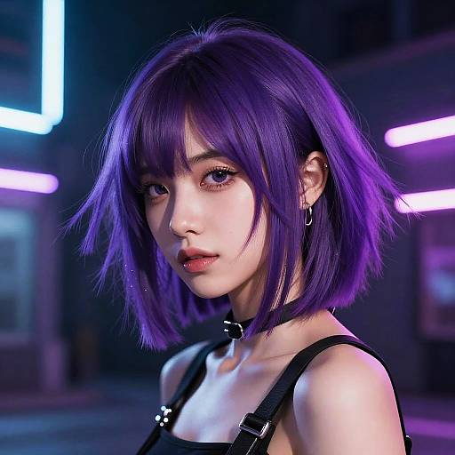 Digital art of an anime-style woman with purple bob hair, black choker, and black tank top, illuminated by neon lights.