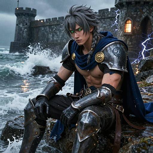 Fantasy Warrior by Stormy Coastal Fortress
