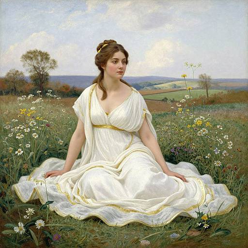 Digital painting of a fair-skinned woman with brown hair in a white Greek-style dress, sitting in a sunlit meadow of wildflowers and grass