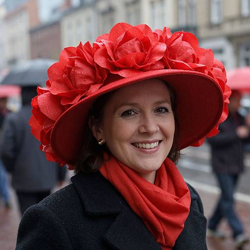 Photograph of a smiling woman in a large, vibrant red hat with flower-like ribbons, red scarf, and black coat, standing on a rainy