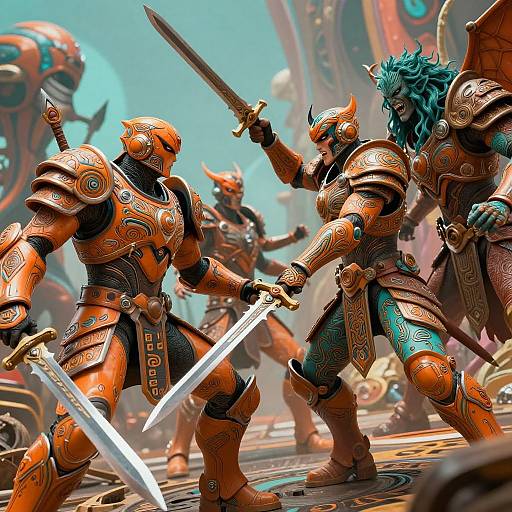 Epic digital artwork of armored warriors in orange and teal armor, wielding glowing swords, engaging in fierce battle in a futuristic, fantasy setting. Dynamic,