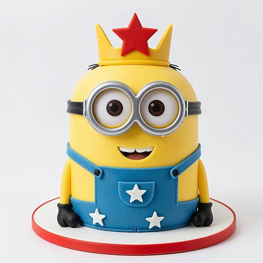 Photograph of a Minion-style cake with yellow body, blue overalls, white stars, red star crown, silver goggles, black gloves, and