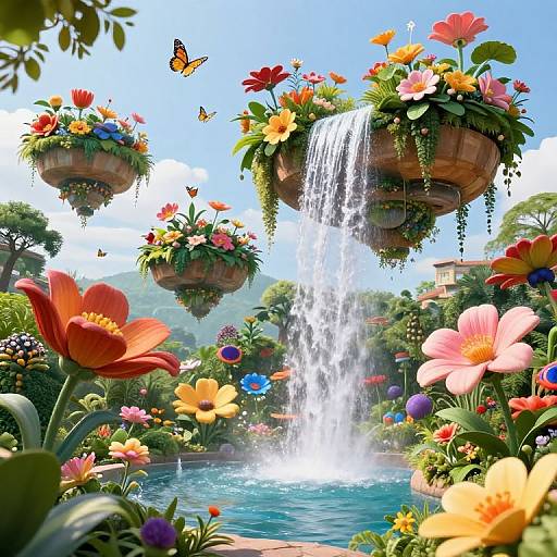 Vibrant digital painting of a lush garden with floating flower pots, a waterfall, colorful flowers, and butterflies against a bright blue sky.