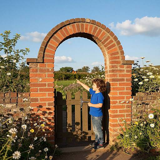 Photograph of a child in a blue shirt and jeans, standing under a red brick archway, opening a wooden gate surrounded by wildflowers. Sunny