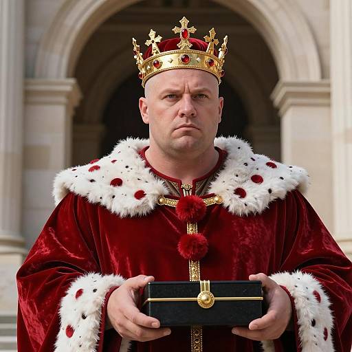 Plus Size King in Royal Attire Holding Black Box