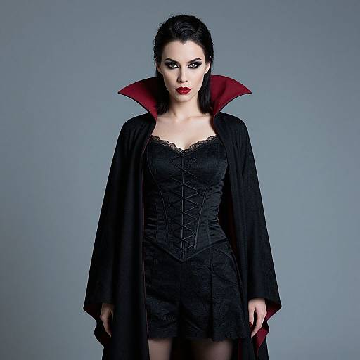 Photograph of a pale-skinned, dark-haired woman in a black lace corset dress with a high red collar and black cape, standing against a