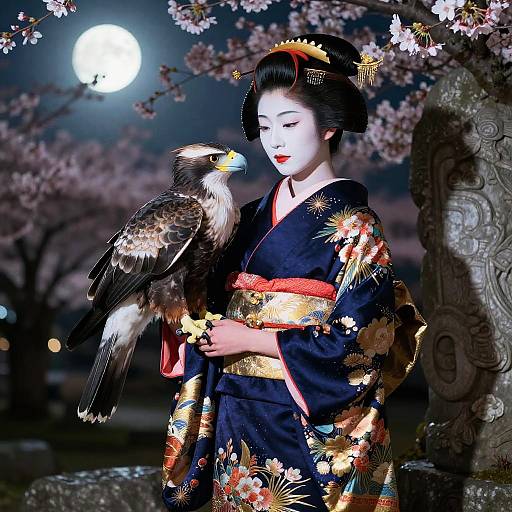 Edo Geisha with Raptor in Cherry Blossoms