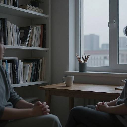 Photograph of two people sitting at a wooden table by a window, with bookshelves filled with books, a white mug, and pencils in a