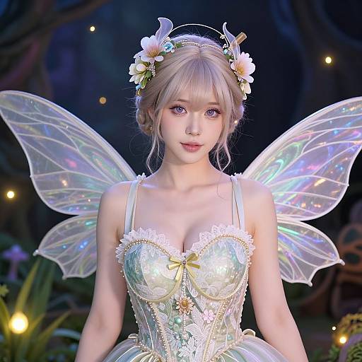 Digital CGI fairy girl with pale blonde hair, flower crown, iridescent wings, and a shimmering white corset dress, set against a dark