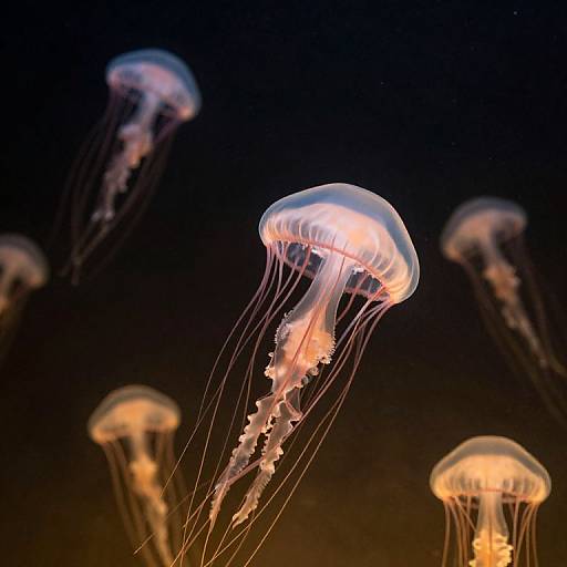 Photograph of glowing orange and white jellyfish with translucent bell-shaped bodies and long, flowing tentacles against a dark blue background.