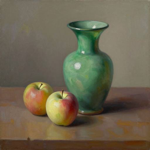Photorealistic painting of two red-and-yellow apples beside a green ceramic vase on a wooden table against a plain gray background.