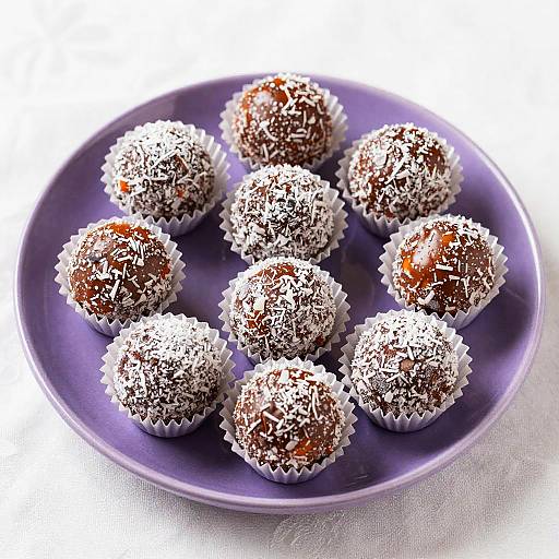 Photograph of nine chocolate-covered truffles coated in white sugar sprinkles, arranged in a circular pattern on a purple plate.