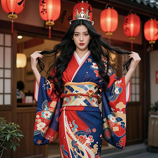Photograph of an East Asian woman with long black hair, wearing a red and blue floral kimono, gold obi, and silver crown, holding