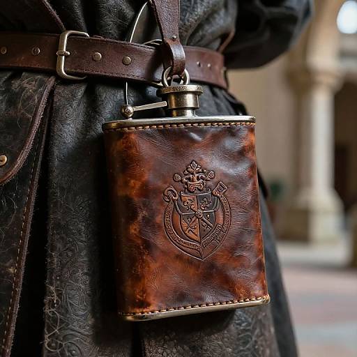 Close-up photograph of a brown leather flask with a detailed crest, attached to a dark, patterned coat with a brown leather belt. Blurred stone