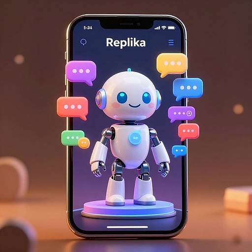 Photograph of a white, cartoon-style robot displayed on a smartphone screen with colorful chat bubbles, labeled 
