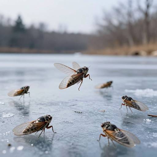 Photograph of six flying houseflies on a frozen, icy surface with a blurred, wintry forest background in the distance.