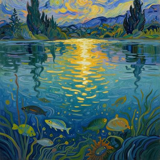 Vibrant oil painting of a sunlit lake with colorful fish, plants, and trees reflected in the water, under a swirling, yellow-blue sky