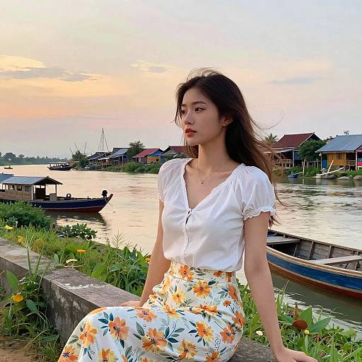 Photograph of a young Asian woman with long brown hair, wearing a white blouse and floral skirt, sitting by a tranquil river at sunset, with boats