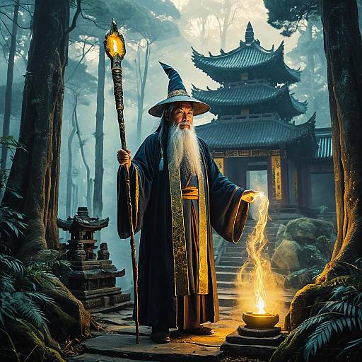 Elderly Asian Wizard in Misty Forest Temple