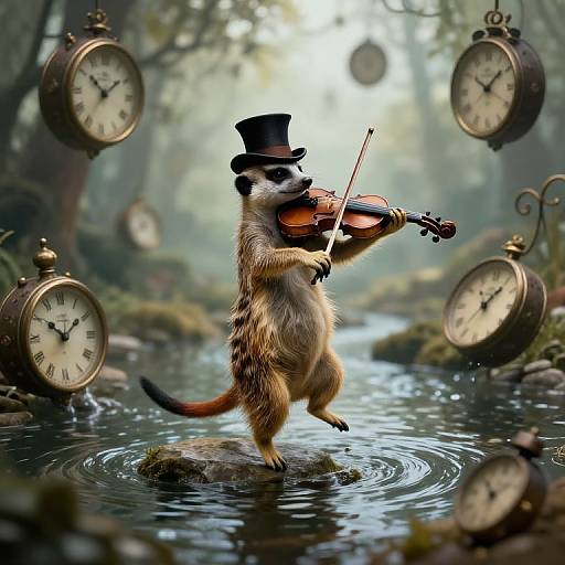 Digital artwork: A meerkat in a top hat stands on a rock in a stream, playing a violin surrounded by floating antique clocks in a mystical