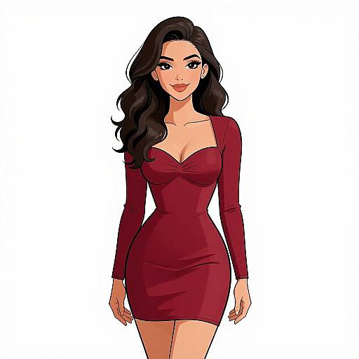 Digital illustration of a confident woman with long black hair, wearing a tight, maroon, long-sleeve dress, highlighting her curvy figure,