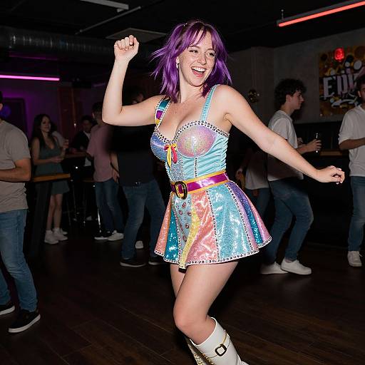 Photograph of a smiling woman with purple hair, wearing a colorful, glittery mini dress and white boots, dancing joyfully in a dimly lit