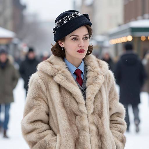 Photograph of a fair-skinned woman with red lipstick, brown wavy hair, black hat with jewels, wearing a fur coat and red tie,