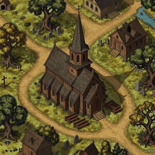 Colorful digital illustration of a quaint, medieval-style church with a steeple, surrounded by winding dirt paths, gravestones, and trees,