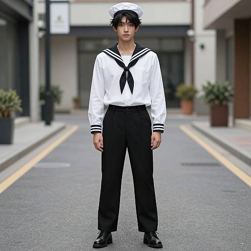 Photograph of a young Asian boy in a white sailor uniform with black trim, black pants, and black shoes, standing on a quiet urban street.