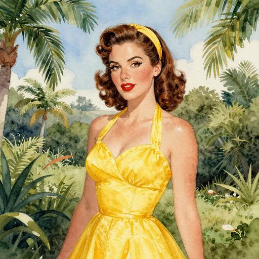 Vintage-style digital illustration of a red-lipped woman with curled brown hair, wearing a yellow halter dress and headband, standing in a lush,