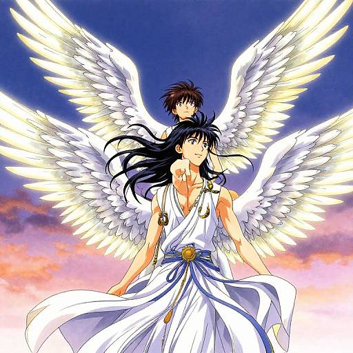 Digital anime artwork of a winged woman with long black hair, white dress, and a smaller boy on her back, against a sunset sky.