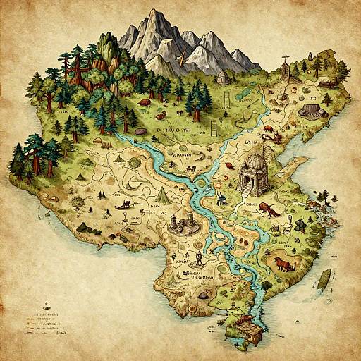 Detailed, colorful map illustration of a fantasy island with mountains, forests, rivers, villages, animals, and ancient ruins, in a vintage style.