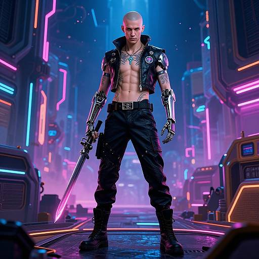 Cyberpunk Tattooed Man in Neon Street