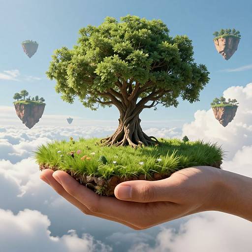 Photorealistic digital artwork: A hand holds a floating island with a large, lush tree, surrounded by cloud-covered sky and three floating islands in the