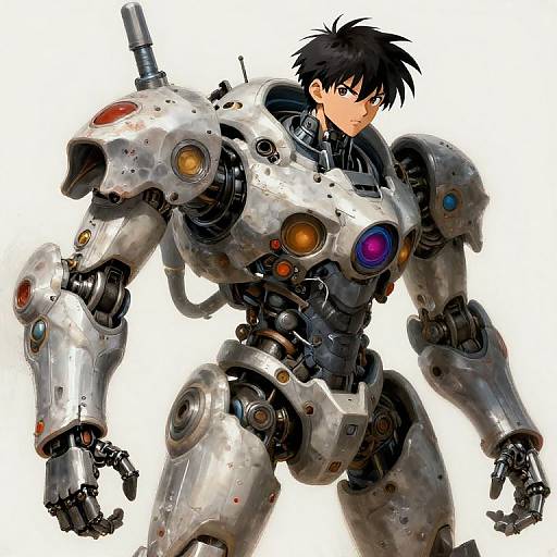 Anime-style digital illustration of a black-haired man in a large, silver, cybernetic exosuit with colorful circular lights on the armor. White